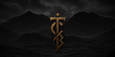 Golden symbol on a dark mountainous background.