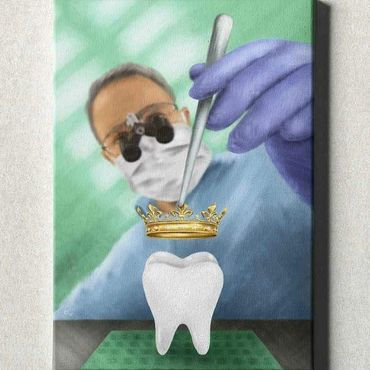 Dentist placing a royal crown on a tooth, symbolizing dental care.