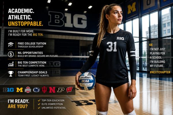 Female volleyball player ready for Big Ten competition, promoting academic and athletic excellence.