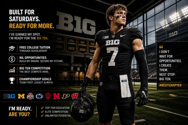 Football player ready for Big Ten competition with scholarships and opportunities.