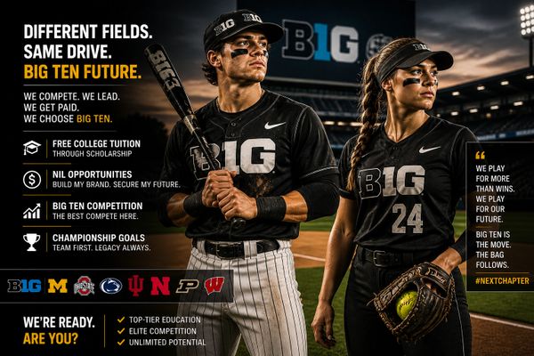 Two Big Ten athletes in softball uniforms ready to compete, highlighting scholarships and opportunities.