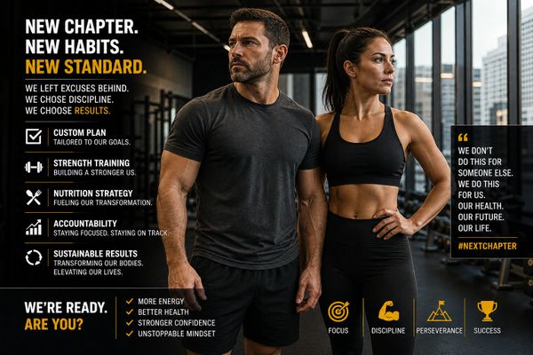 A fit man and woman in workout gear promoting a disciplined fitness plan for transformation and success.