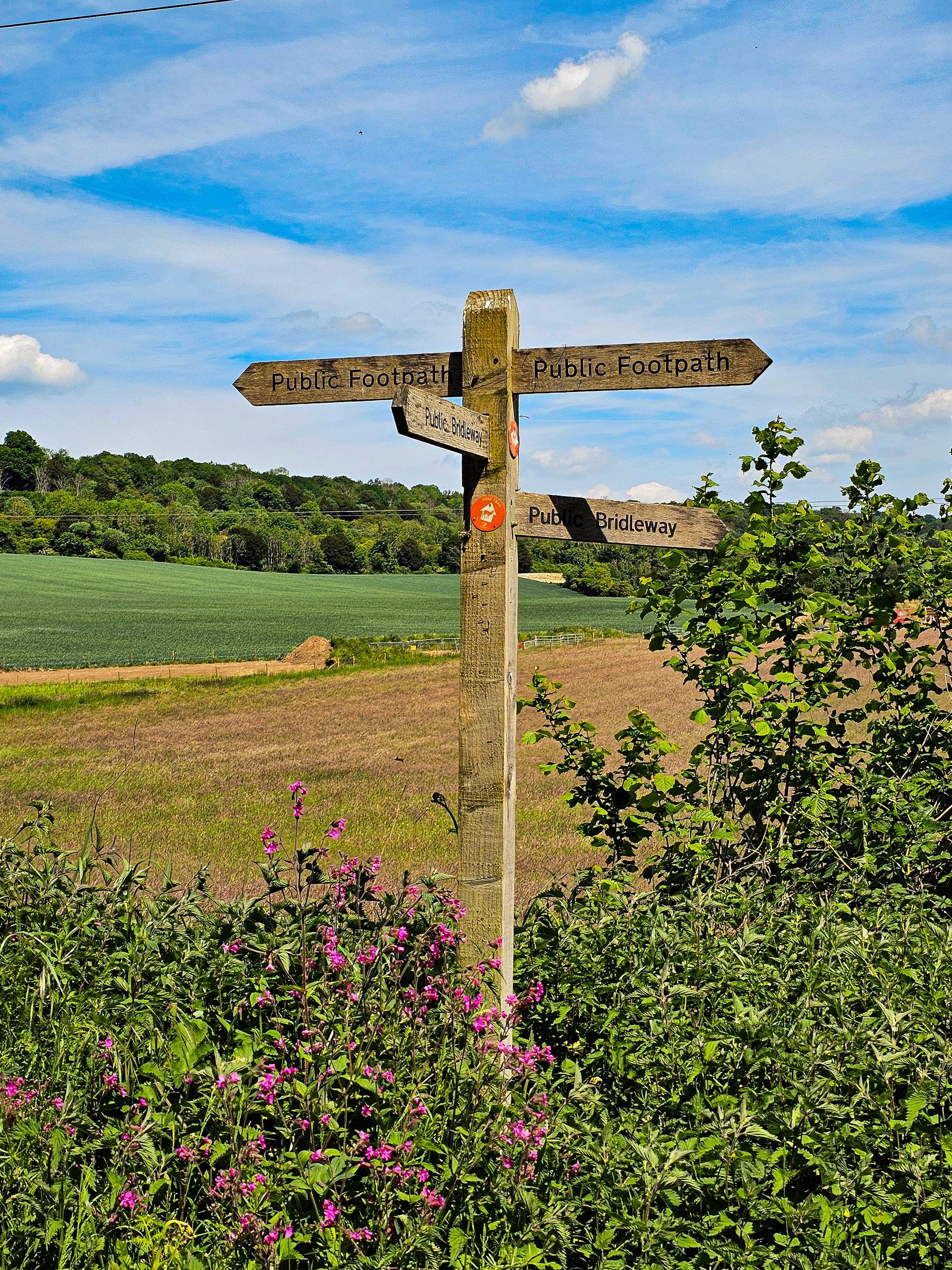 Wooden signpost with multiple public footpath and bridleway directions in a countryside setting.