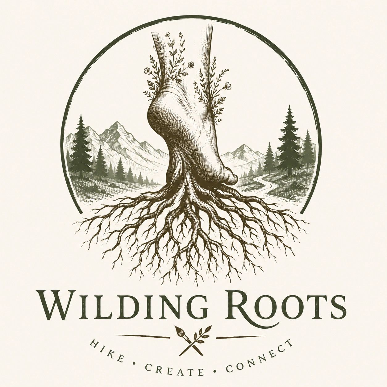 A foot with roots growing downwards, surrounded by nature and mountains.