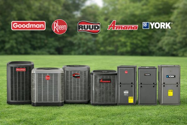 Various HVAC units from leading brands displayed on grass.