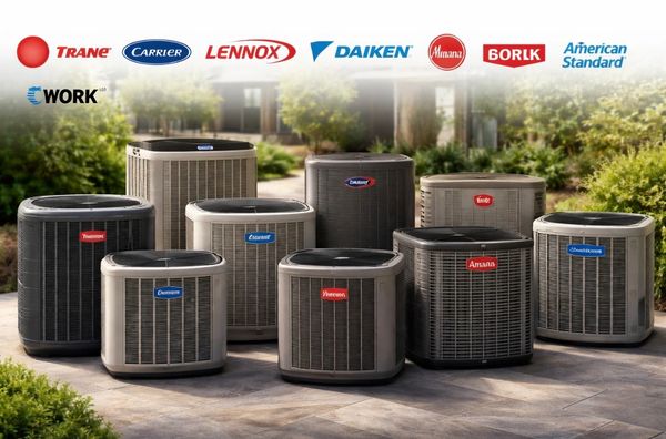 Various branded HVAC units displayed outdoors on a patio.