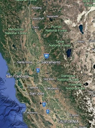 Map showing Northern California with major cities and national forests.