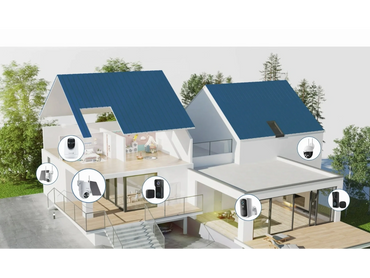 Modern house with various security cameras installed inside and outside.