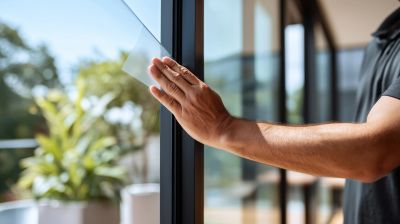 Person touching a glass window with their hand.