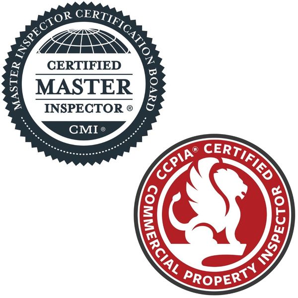 Two certification badges: Master Inspector and Commercial Property Inspector.