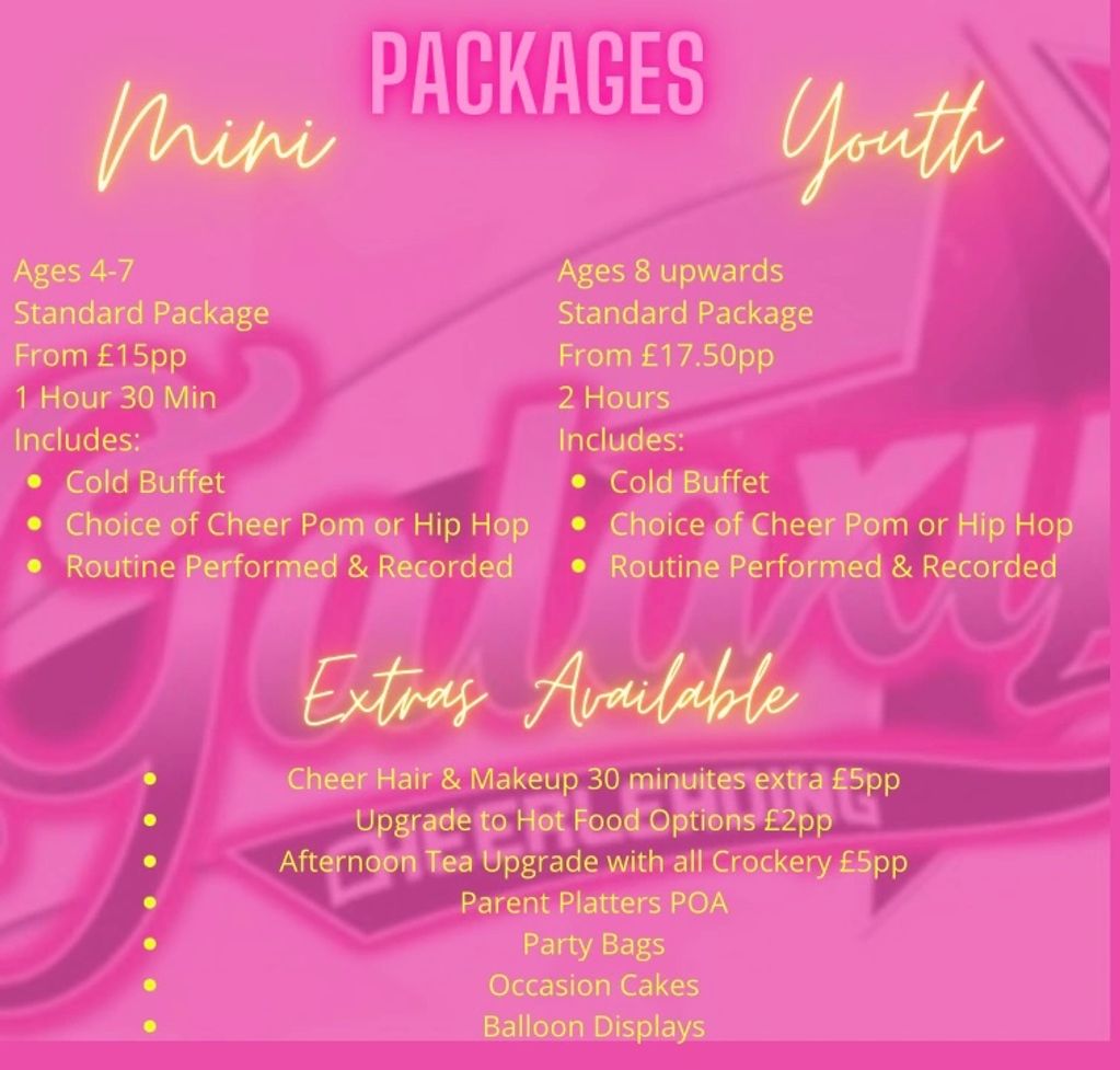 Party packages at Galaxy Cheerleading Club. 
Mini: age 4-7 years
Youth: age 8+