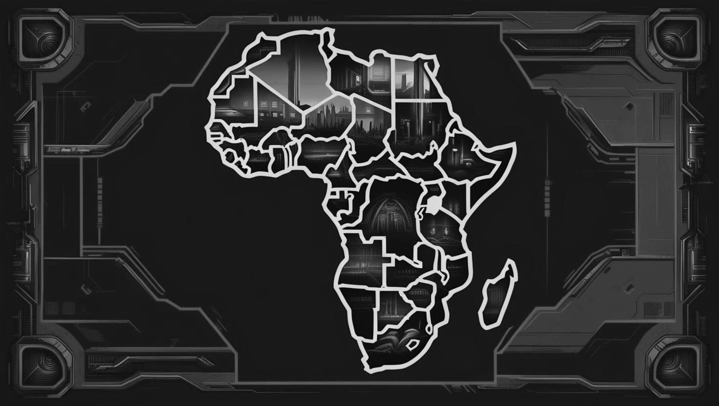 Futuristic map of Africa with glowing borders and cityscapes inside.