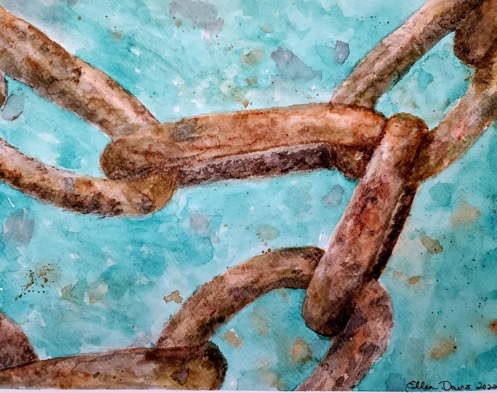 Rusty chain links on a blue background.