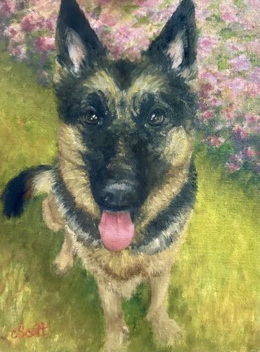 Oil painting of a happy German Shepherd with pink flowers in the background.