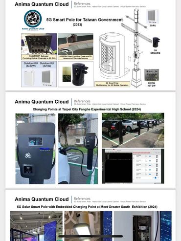 Diagram and photos of 5G smart poles and charging points in Taipei City and Taiwan government projects.