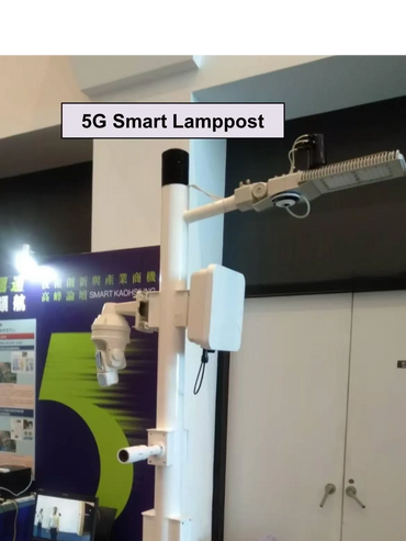 A 5G smart lamppost equipped with multiple cameras and sensors for enhanced connectivity and surveillance.