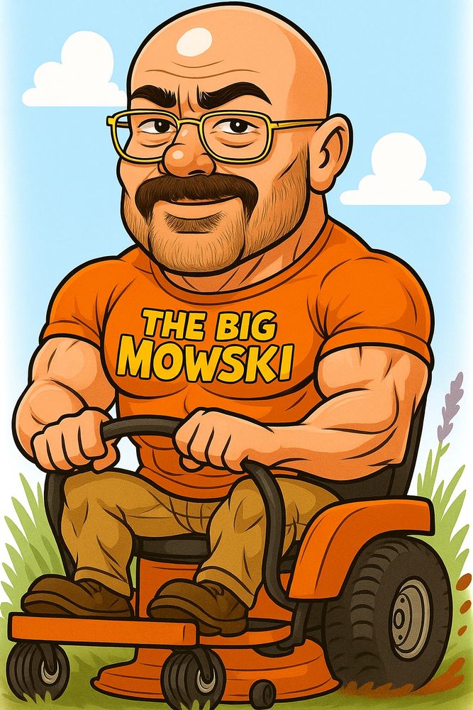 Cartoon of a muscular man on a lawnmower shirted 'The Big Mowski'.