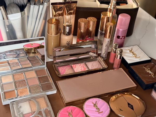 Assortment of makeup products on a table.