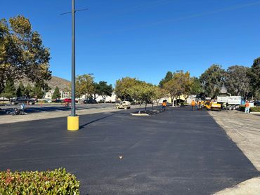 Commercial parking lot completed by Integrous Paving, featuring black asphalt and painted curbs.