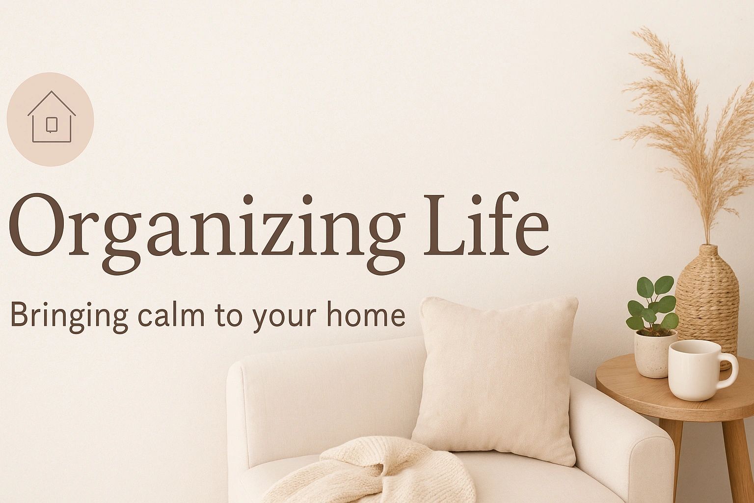 Cozy living space with calming decor and motivational text about organizing life.