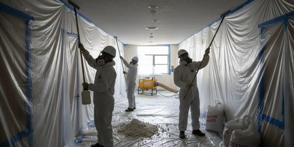 Workers in protective suits removing hazardous material inside a sealed room.