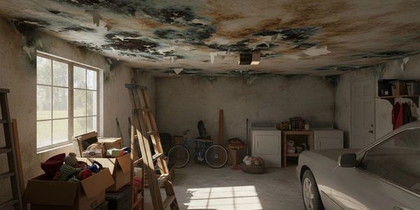 A cluttered garage with peeling ceiling paint and various stored items.