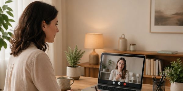 Woman video chatting on laptop in cozy room with plants and lamp.