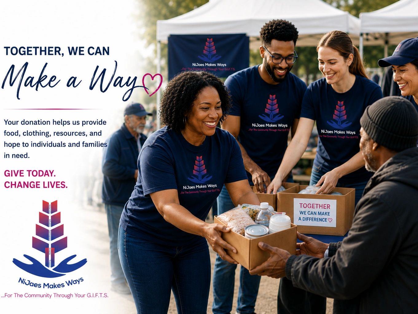 Volunteers distributing food boxes to the community with smiles.