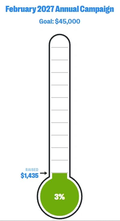 Fundraising thermometer showing 3% of $45,000 goal raised.