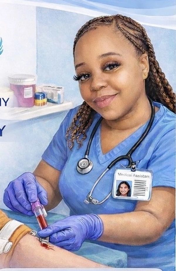 Medical assistant drawing blood from a patient's arm with a smile.