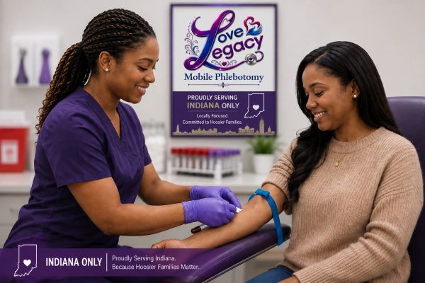 A nurse draws blood from a smiling woman for Indiana-only mobile phlebotomy service.