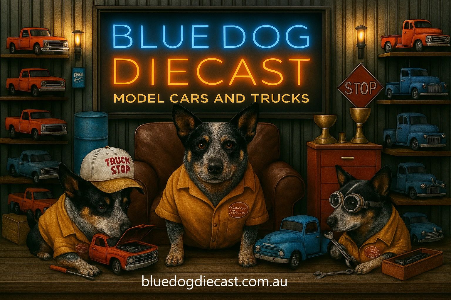 Three dogs in mechanic outfits repairing toy trucks in a model car shop.
