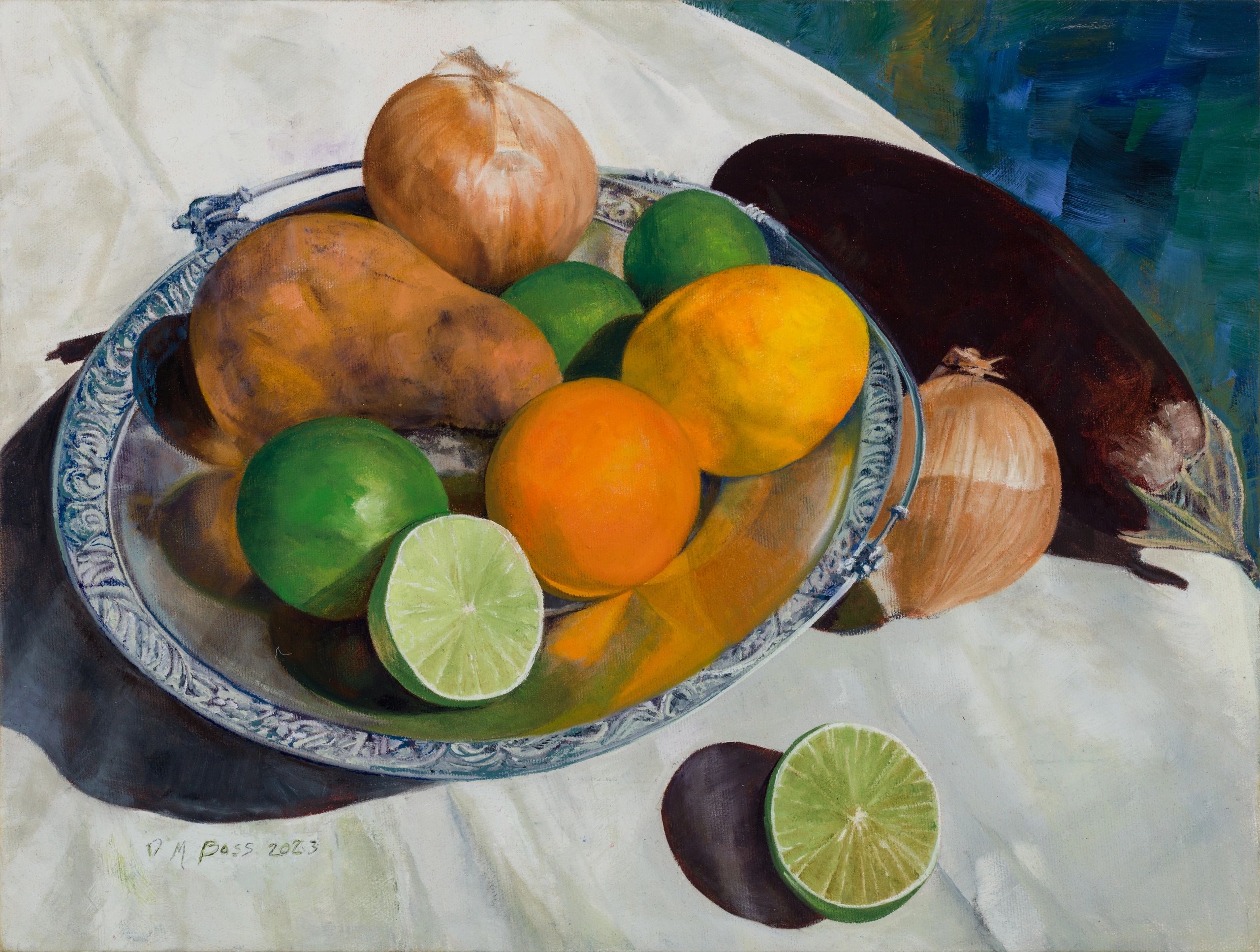 Fruits, vegetables, silver dish