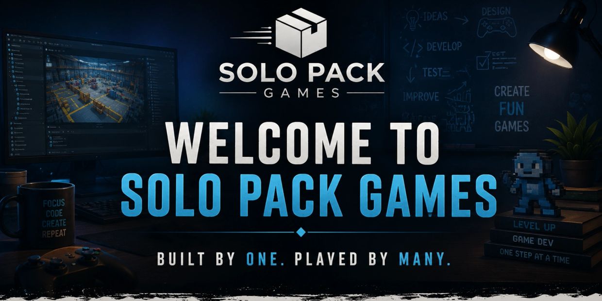 Welcome banner for Solo Pack Games with gaming and development elements.