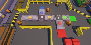 A top-down view of a conveyor belt system with colored arrows and numbered sections in an industrial setting.