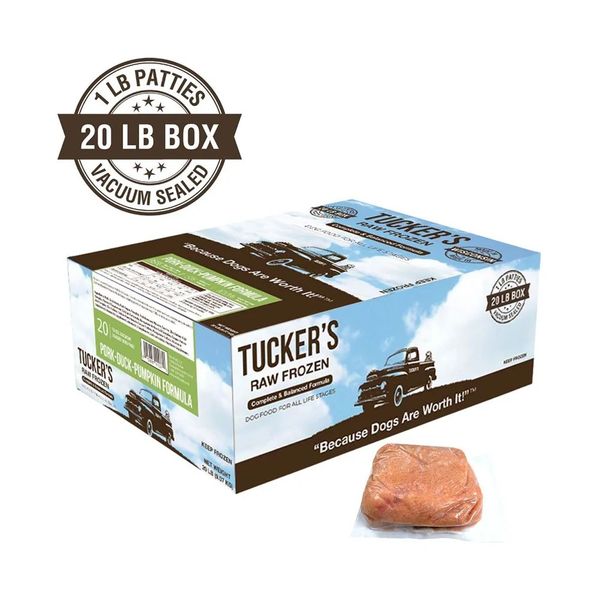 Box of Tucker's Raw Frozen dog food with one vacuum-sealed patty.
