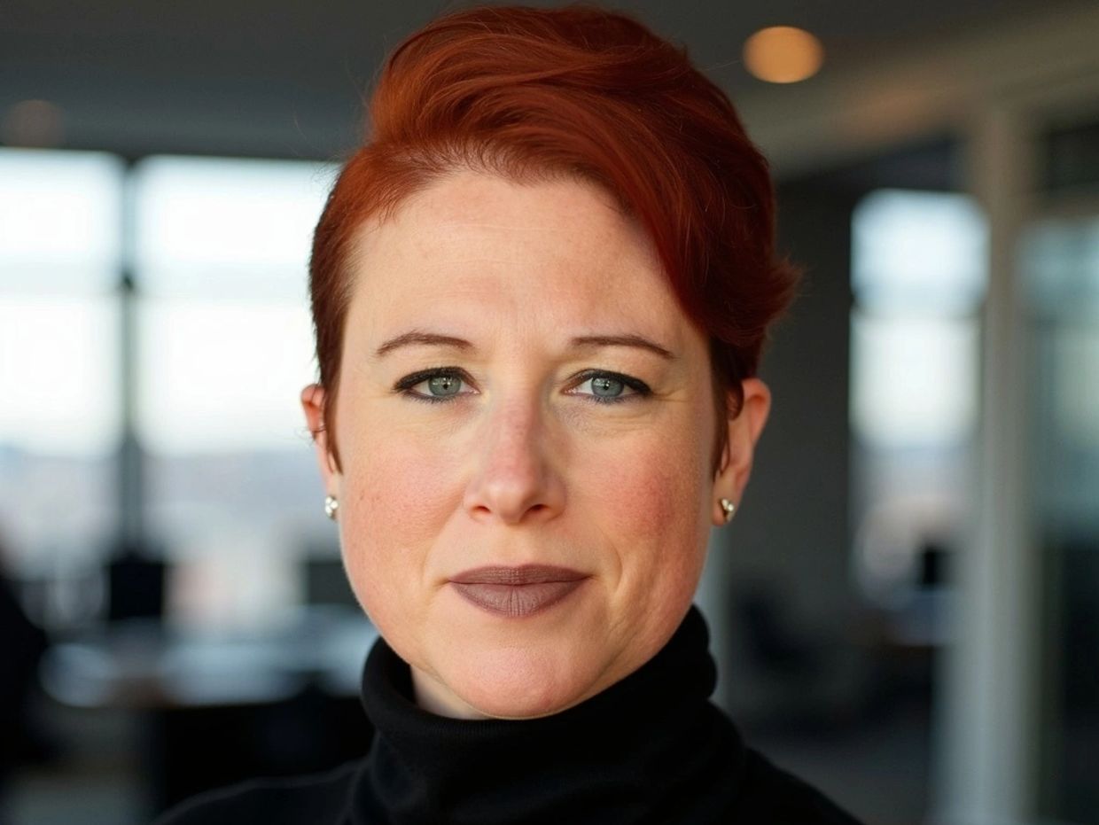 Professional woman with red hair and a black turtleneck in an office setting.