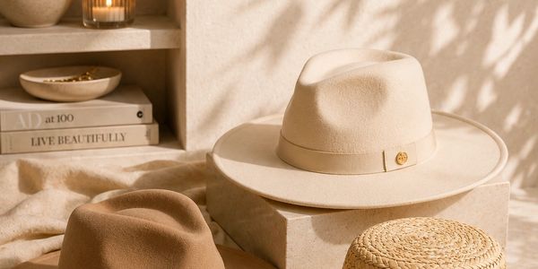 Elegant beige and brown hats displayed with soft natural lighting.