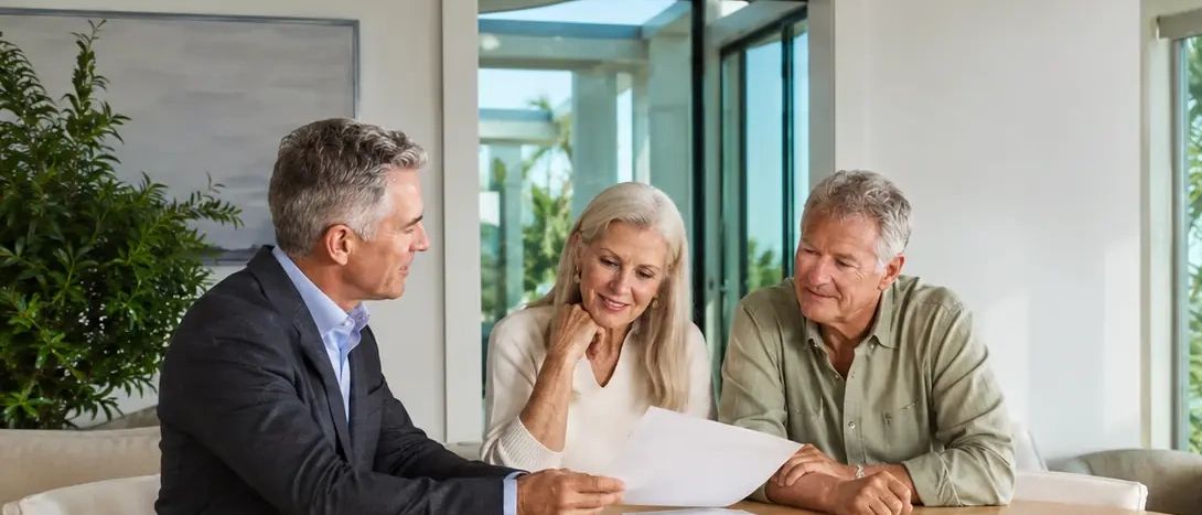 A sophisticated Northeast Florida retirement-planning meeting in a bright coastal office