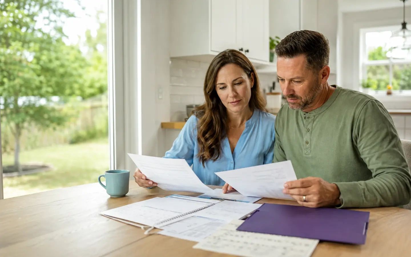 A Jacksonville couple comparing health plan documents at a kitchen table