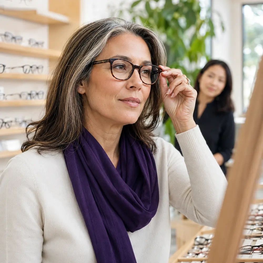 A person choosing eyeglasses in another, diverse adults, bright Northeast Florida light.