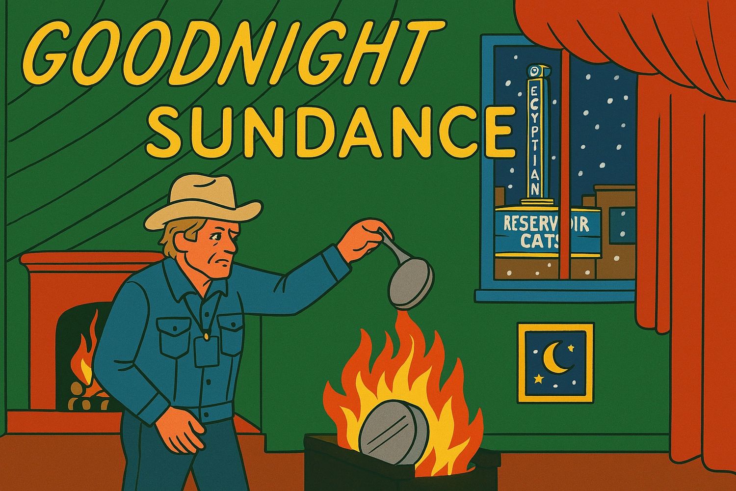 Illustration of a cowboy in a room with fire, titled 'Goodnight Sundance'.