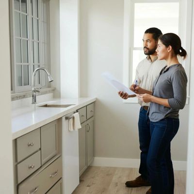 Couple inspecting a modern kitchen with documents in hand.