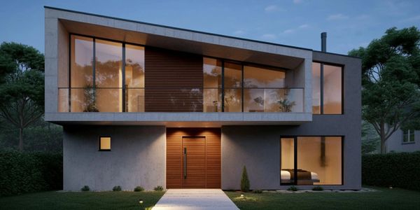 Modern two-story house with large windows and warm interior lighting at dusk.