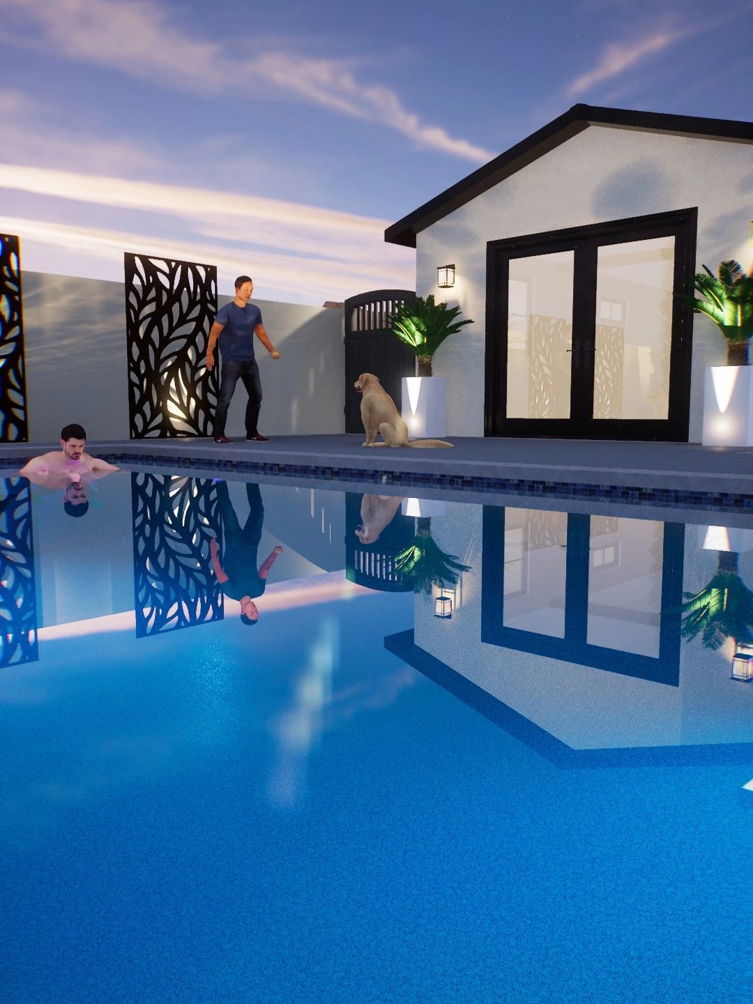 Swimming pool along with exterior home design and layout. 
