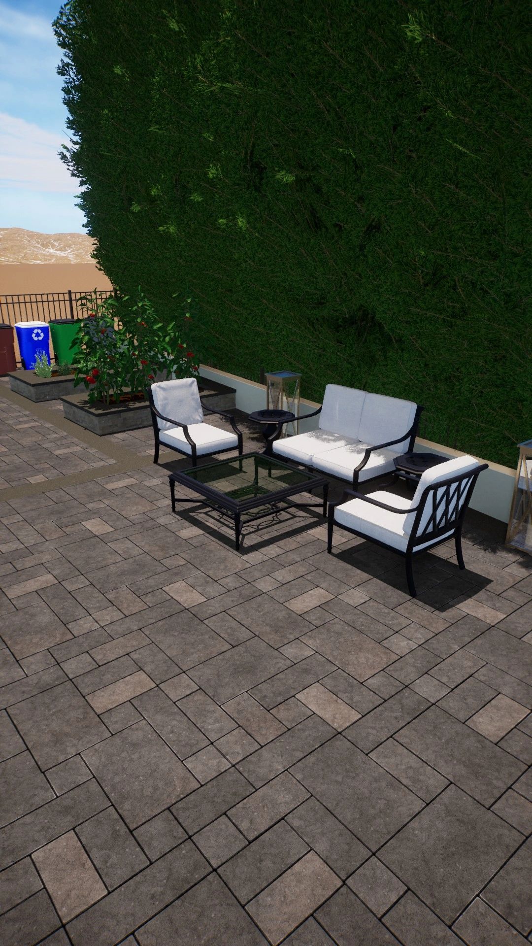 Small concrete garden boxes and outdoor sitting area.