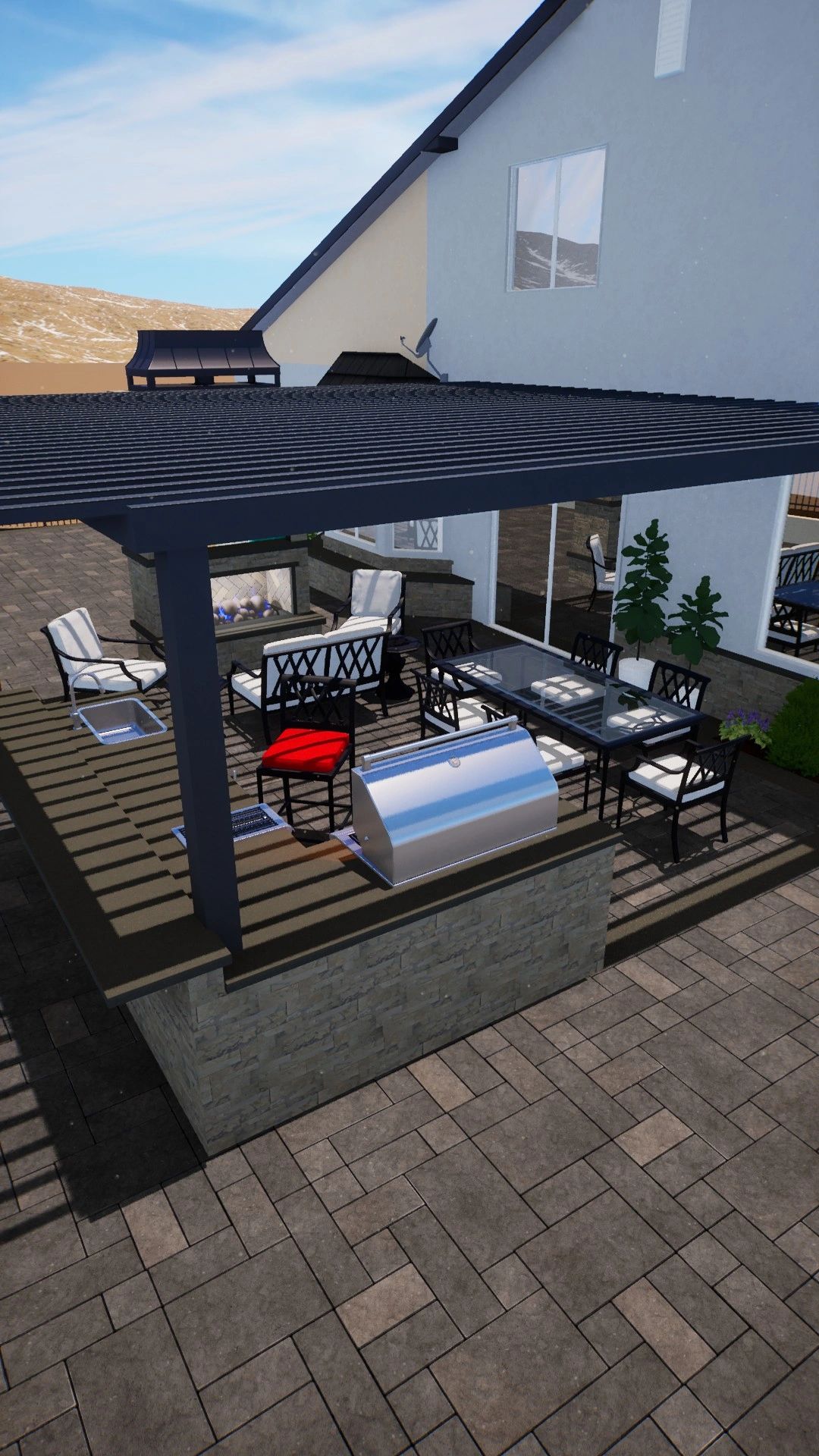 Concrete pavers with open lattice 4K Aluminum patio cover, over outdoor BBQ kitchen.