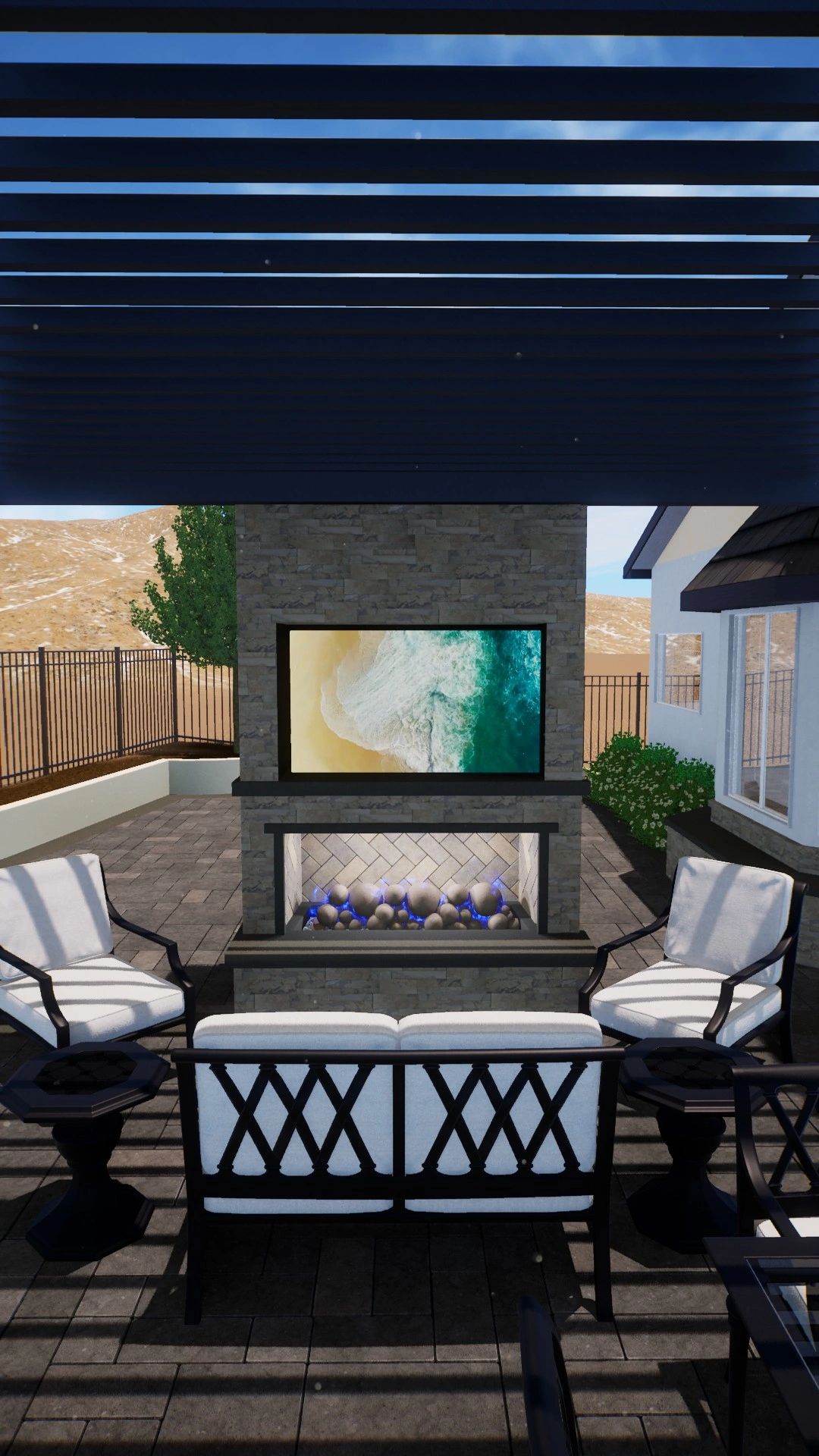 Outdoor fireplace and entertainment center with interlocking paver patio.