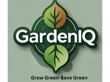 GardenIQ logo with green leaves and slogan about saving money.