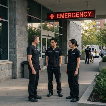 Three medical professionals converse outside a hospital emergency entrance.